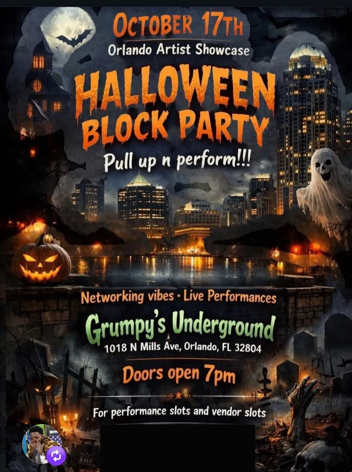 Halloween Block Party flyer — Orlando Artist Showcase, October 17th at Grumpy's Underground, 1018 N Mills Ave, Orlando, FL 32804, doors open 7pm