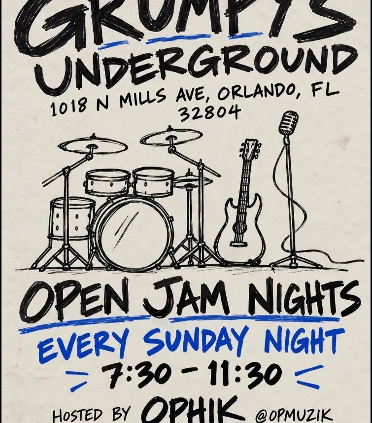 Open Jam Nights flyer for Grumpys Underground — drums, guitar and microphone illustration, every Sunday night 7:30–11:30, hosted by OPHIK