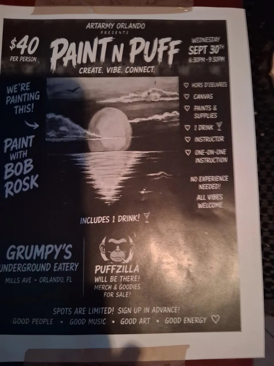 Paint N Puff flyer — ArtArmy Orlando, Wednesday September 30, 6:30–9:30PM at Grumpys Underground, paint with Bob Rosk
