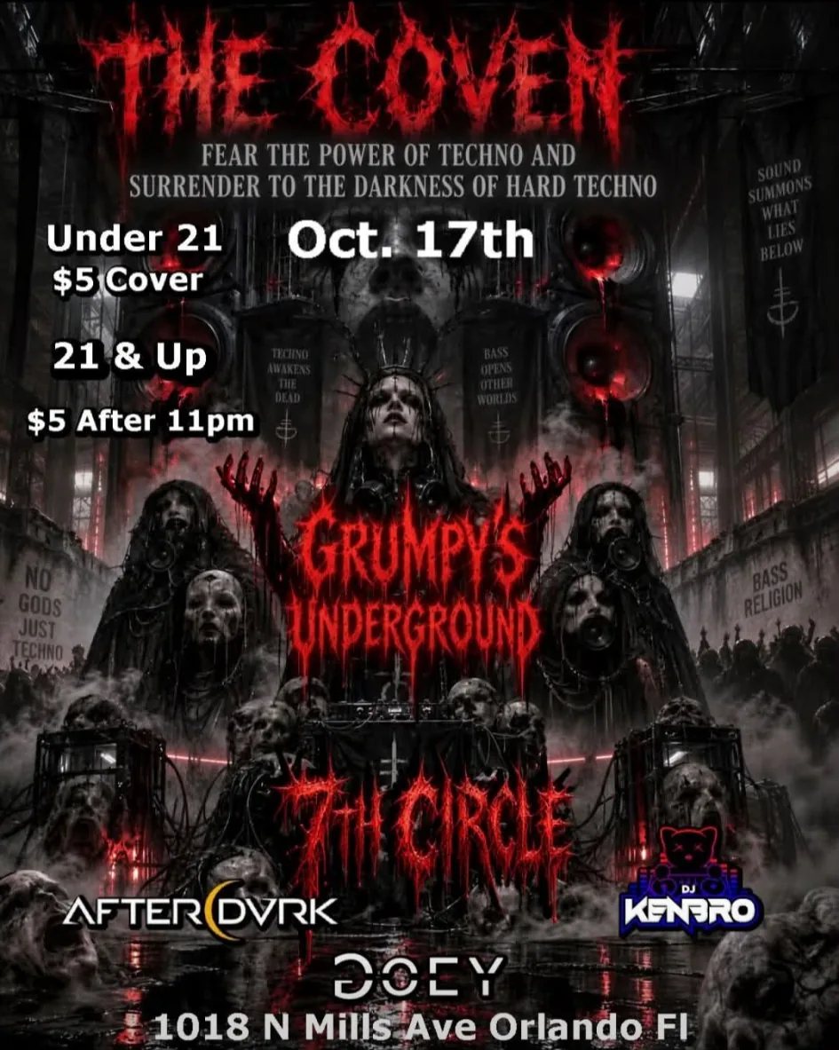 The Coven — 7th Circle flyer: hard techno at Grumpy's Underground, Oct. 17th, with After Dvrk, DJ Kenbro and Doey