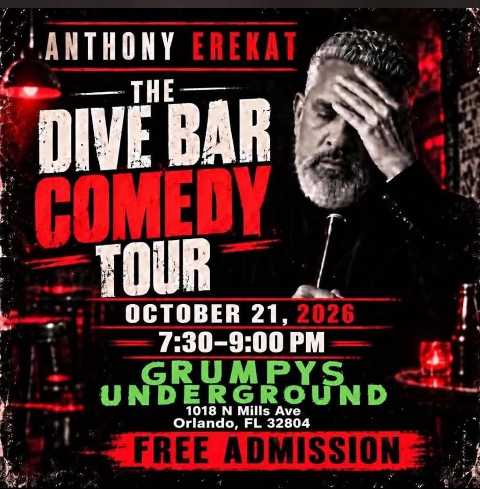 The Dive Bar Comedy Tour flyer — Anthony Erekat with his hand over his face, Wednesday, October 21, 2026, 7:30–9:00PM at Grumpys Underground, 1018 N Mills Ave, Orlando, free admission